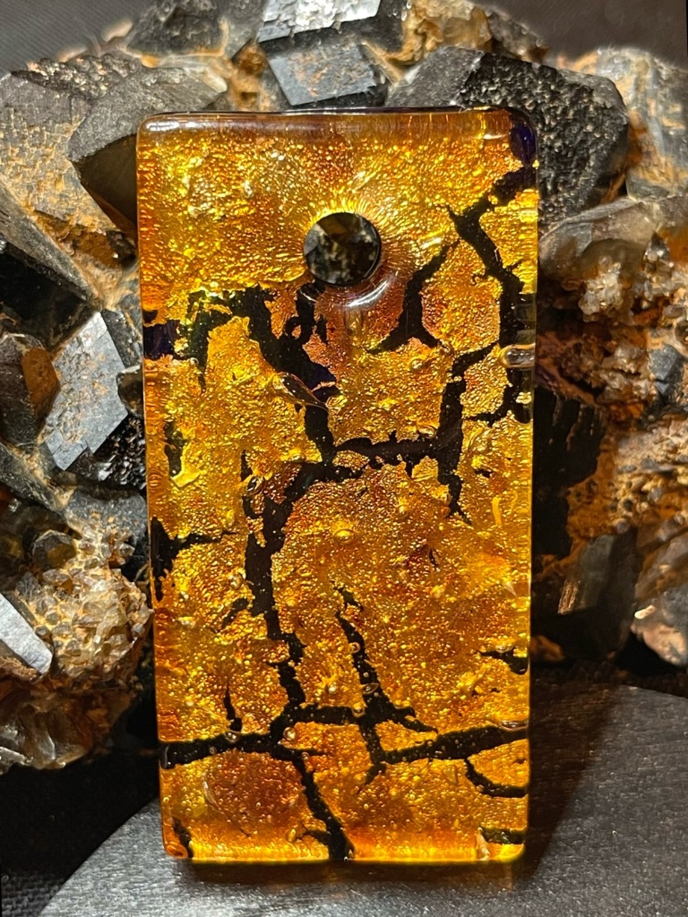 🌑Cobalt Blue & Orange Murano Glass 24K Gold Foil Pendant Italy 🌑